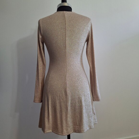 Forever 21 Peach Metallic Skater Dress Sz M Fit N Flare Long Sleeves Round Neck - Picture 3 of 16